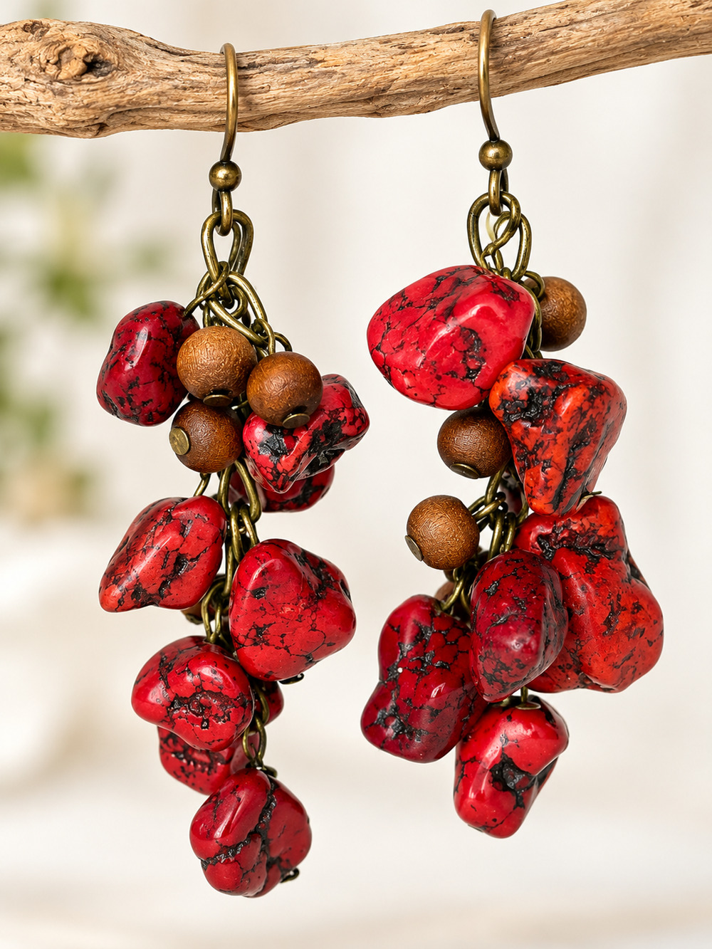 Red Coral Like and Acai Seed Cluster Dangle Earrings Brass Tone Fishhook Wires